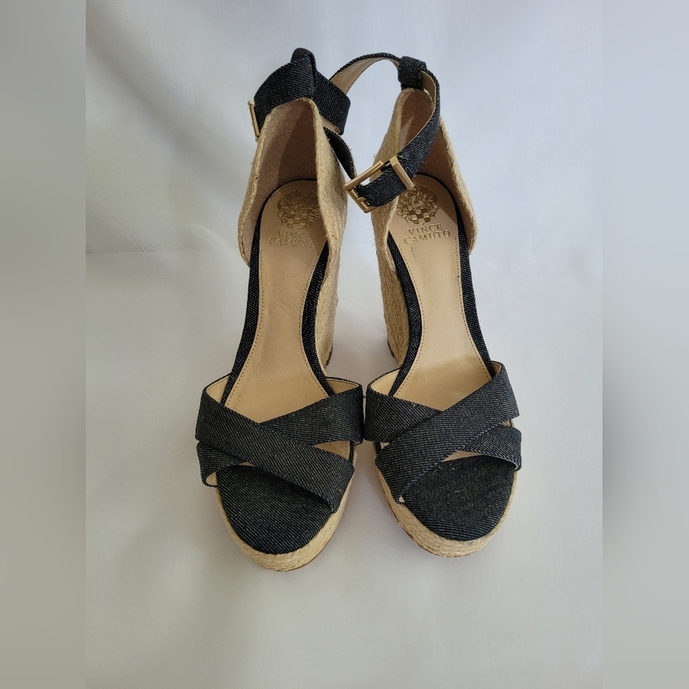 New Vince Camuto Espadrille Wedge Sandals Denim Blue Ankle Strap 9.5